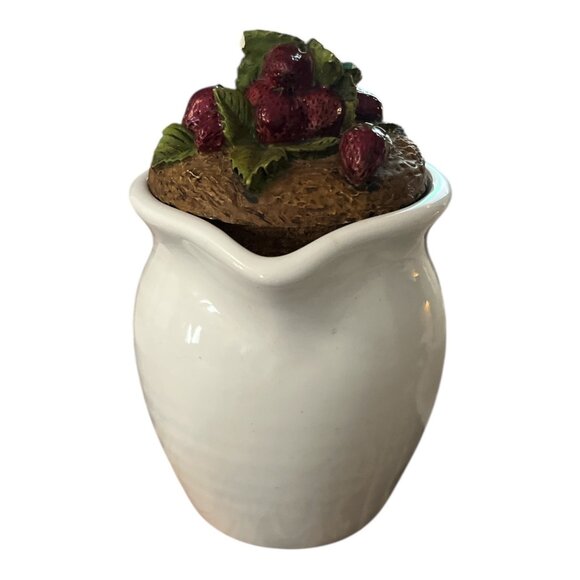 Vintage Ceramic Creamer with Cork Strawberry Lid – 1980s Kitchen Decor - Picture 2 of 7